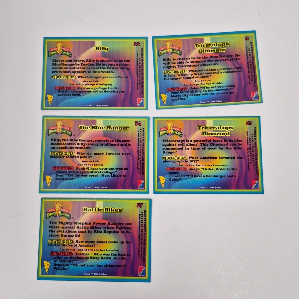 1994 Mighty Morphin Power Rangers Blue Ranger Billy Trading Card Lot of 5